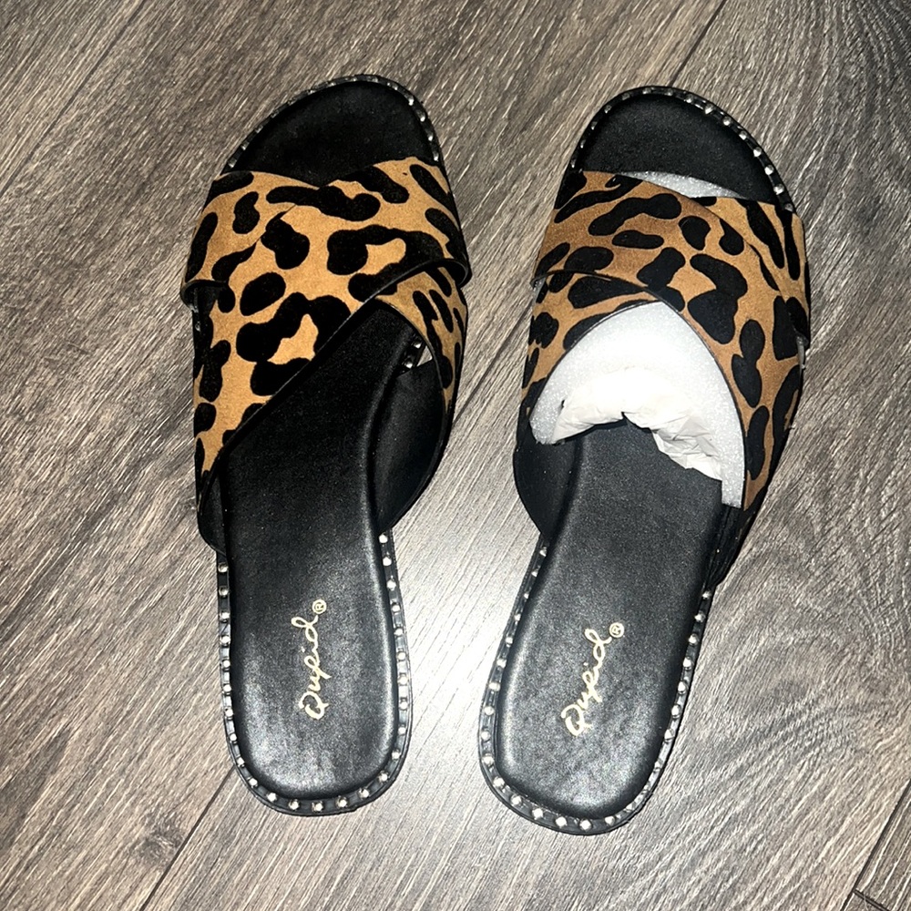 Leopard print slip on sandals